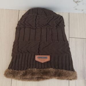Brown Knit Winter Beanie Hat with Faux Fur Lining – Song Ting – OS